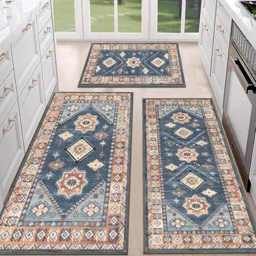 HEBE Boho Kitchen Rugs Set of 3, Non Slip Washable Kitchen Mats for Floor