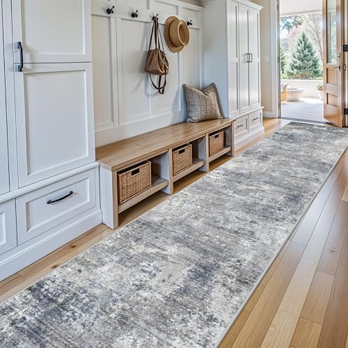 3x16 ft Runner Rug for Hallway - Hall Runners 16 feet Long Non Slip Washable Large Carpet Runner for Kitchen Floor, Entryway, Bedroom, Living Room Abstract Modern Neutral Low-Pile Thin (Blue Grey)
