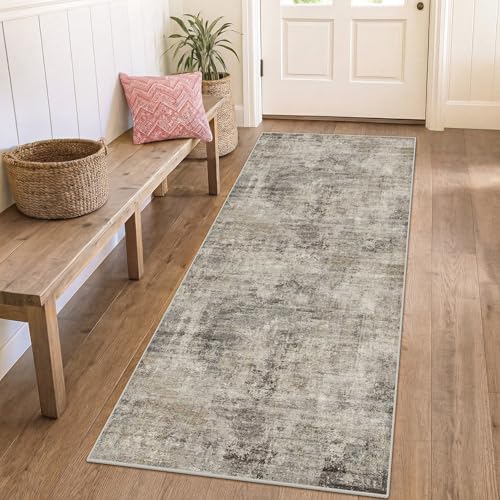 Modern Runner Rugs for Hallway 2x6, Medallion Abstract Runners for Kitchen Floor, Entryway, Washable Non Slip with Rubber Backing, Low Pile Stain Resistant Carpet (Taupe Brown), Distressed Design