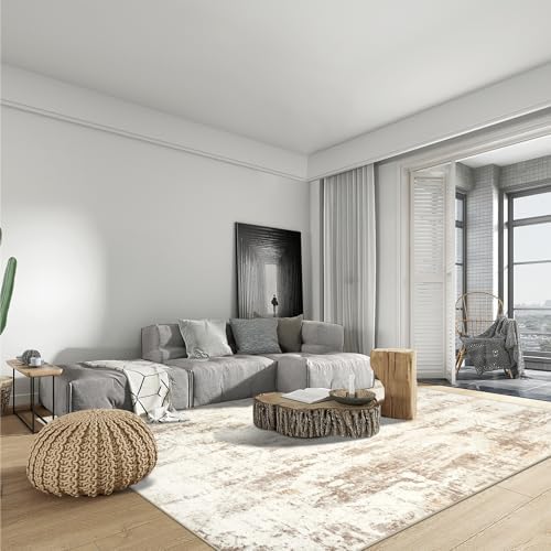 9x12 Area Rugs for Living Room: Washable Abstract Beige Grey Bedroom Carpet