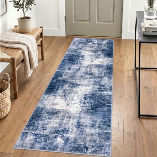 IOHOUZE Abstract Runner Rug 2x6 Ft Washable Runners for Hallways, Non Slip Kitchen Runner Printed Faux Wool Entryway Runner Indoor, Modern Abstract Floor Carpet for Hall Kitchen Bedroom, Navy/Grey