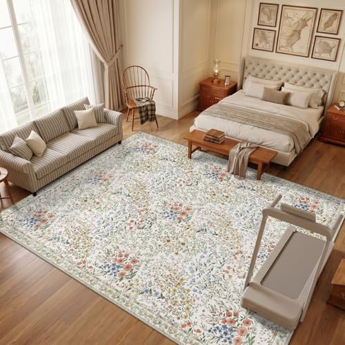 Large Washable Area Rug 12x15: Vintage Floral Distressed Botanical Rug - Machine Washable Non Slip Low Pile Soft Foldable Carpet - Great Room Open Concept Family Room Luxury Indoor Rug - 12'x15' Beige