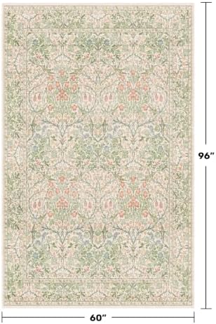 Washable Beige Green 5x8 Area Rug for Living Room, Large Entryway, Kids Room, Boy Bedroom, Playroom - Vintage Oriental Rug Low Pile Non Slip & Stain Resistance (5x8 Beige Green)