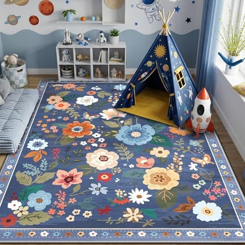 RELEANY Floral Washable 7x9 Area Rugs Blue/Grey