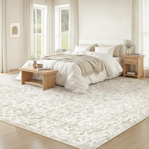 Living Room Rugs 8x10: Washable Moroccan Geometric Boho Rug Farmhouse Non Slip Stain Resistant Large Rug Low Pile Soft Carpet for Bedroom Dining Room Children Room (Beige Floral,8'x10')