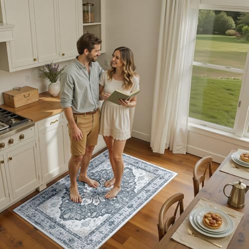 RELEANY Washable Area Rug, 3'x5', Grey/White/Beige