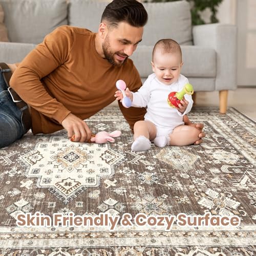 cotiled 9x12 Area Rug for Living Room, Washable, Traditional, Dark Brown