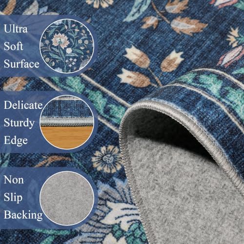 DUKINO 8x10 Area Rug Vintage Floral Washable Rug for Living Room, Dark Blue