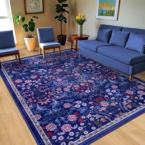 PLHXFR Area Rug 10x14 Living Room: Floral Washable Boho Soft Carpet Blue