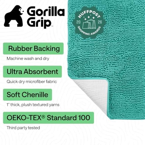 GORILLA GRIP Bath Rug Mat for Bathroom, Absorbent Chenille, 36x24 Turquoise