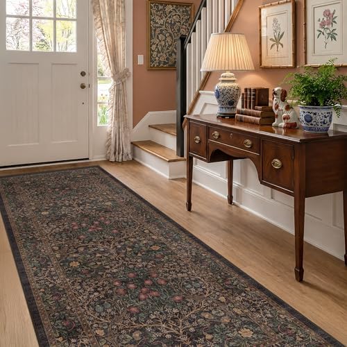 Boho Washable 3x10 Extra Long Runner Rug for Entryway, Hallway, Brown Large Kitchen Floor Rug Indoor, Non-Slip Stain & Fade Resistant, Vintage Dark Brown Taupe Floral Décor