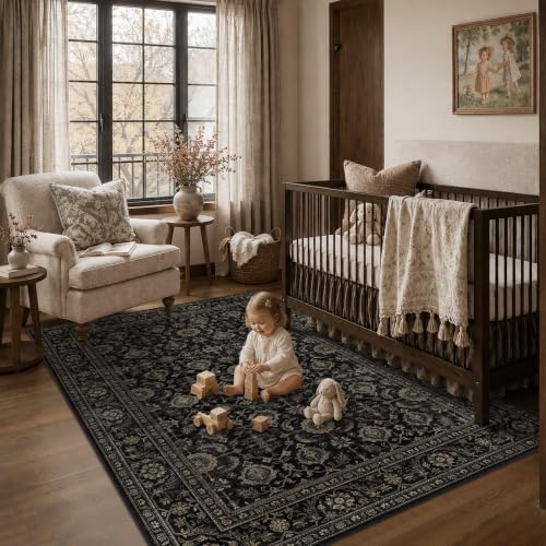 JOOJA 4x6 Black Gold Vintage Boho Soft Low Pile Indoor Washable Area Rug