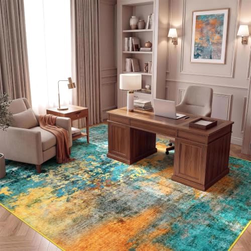 8x10 Area Rug for Living Room, Abstract Washable Large Rugs, Teal/Orange
