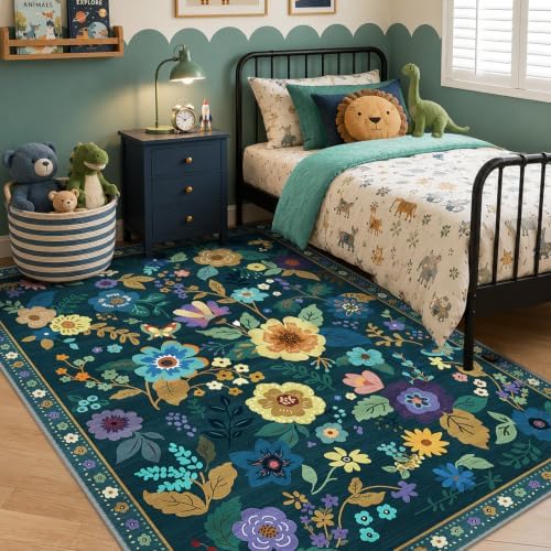 RELEANY Floral Washable 5x7 Area Rugs Teal/Purple