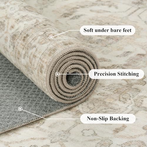 JOOJA 9x12 Beige Vintage Floral Low Pile Non Slip Washable Neutral Area Rug
