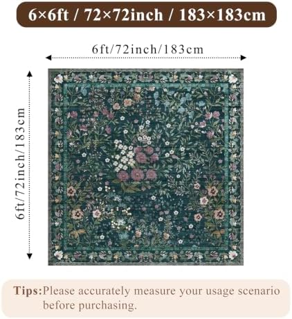 6x6 Washable Area Rug Living Room: Floral Non-Slip Washable Mat for Indoor Floor Dining Room Bedroom High Traffic Area - Soft Low Pile Carpet for Vintage Boho Home Decor (6ft Square, Green)