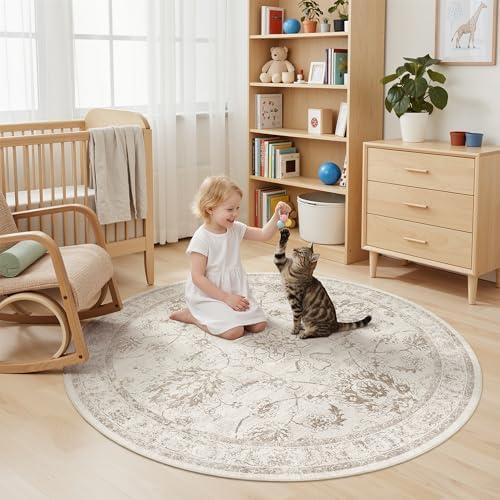 Madane Washable Round Rug 5ft for Living Room,Soft Neutral Rug Brown/Ivory
