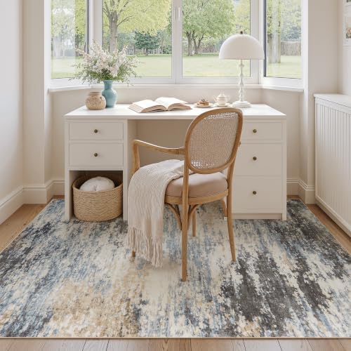 5x7 Area Rug for Living Room, Abstract Washable Non-Slip Rugs, Grey/ Blue