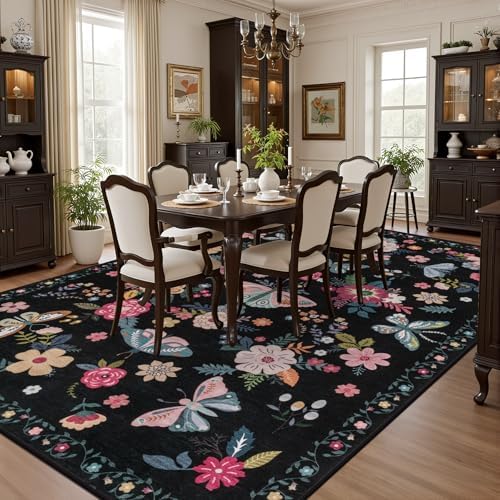 10x14 Area Rug Living Room: Soft Floral Washable Carpet Black