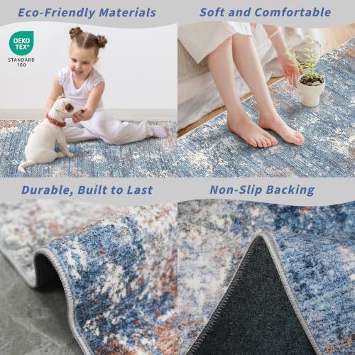 7x7 Square Rug Machine Washable – Modern Neutral Abstract Non-Slip Area Rug for Dining Room Living Room Kitchen Bedroom – Low-Pile Accent Indoor Carpet (Blue Rust, 7x7)