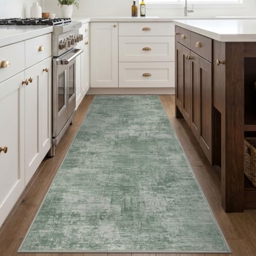 IOHOUZE Abstract Runner Rug 3x8 Ft Washable Runners for Hallways, Non Slip Kitchen Runner Printed Faux Wool Entryway Runner Indoor, Modern Abstract Floor Carpet for Hall Bedroom, Sage Green