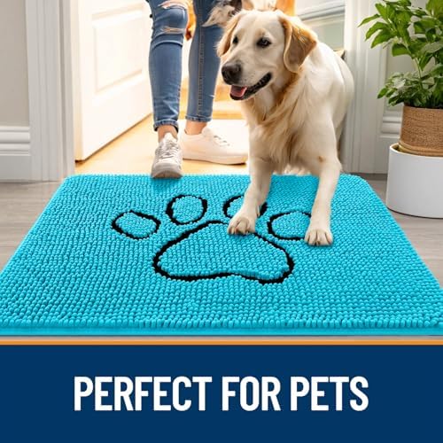 OLANLY Dog Door Mat for Muddy Paws 30x20, Paw Print Design Chenille Mud Mat