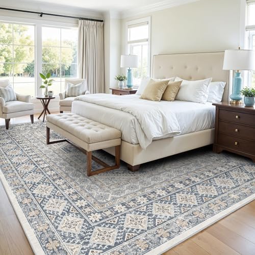 Ksrau 9x12 Area Rug Washable Vintage: Non Slip Living Room Large Rugs Blue
