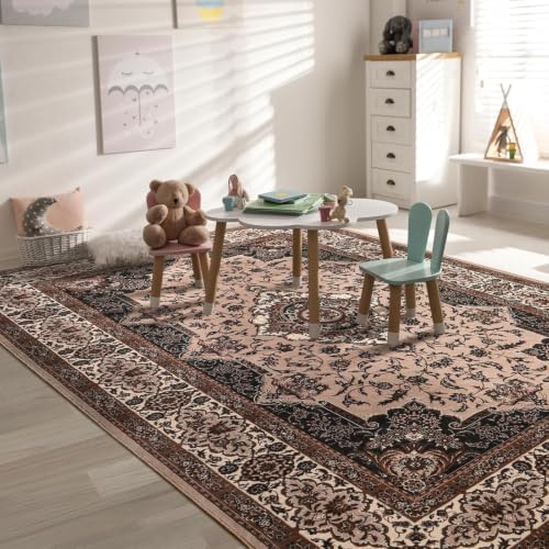Hanples 4x6 Area Rugs for Living Room, Washable Rug Vintage Floral, Brown