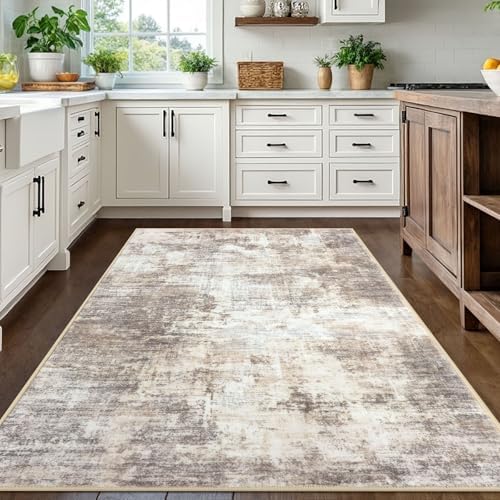 IOHOUZE Abstract Area Rugs 5x7 Ft Washable Rugs for Living Room, Non Slip Dining Room Rug, Printed Faux Wool Rugs for Bedroom, Floor Carpet for Office Nursery Playroom, Beige Brown