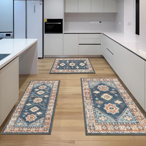 HEBE Boho Kitchen Rugs Set of 3, Non Slip Washable Kitchen Mats for Floor