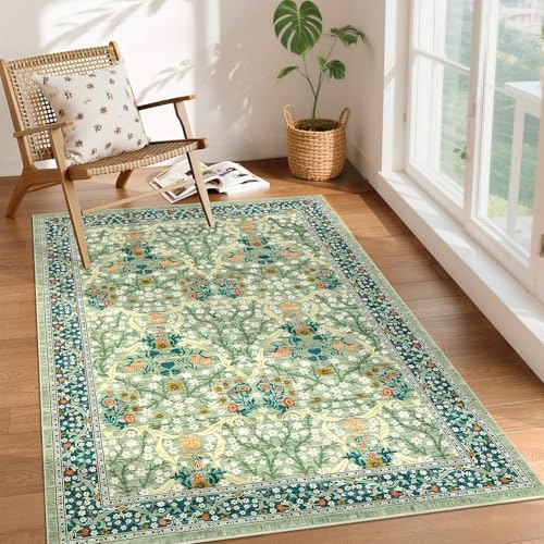 GarveeHome Floral 3x5 Area Rugs for Entryway, Washable Kitchen Rug Non Slip, Low Pile Bedroom Rug, Ultra Soft Stain Resistant Small Carpet for Laundry Room, Sage Green