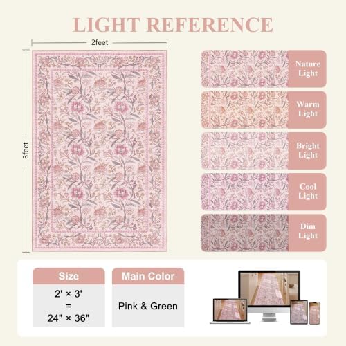 DUKINO 2x3 Rug, Washable Vintage Floral Bathroom Rugs Non Slip, Pink
