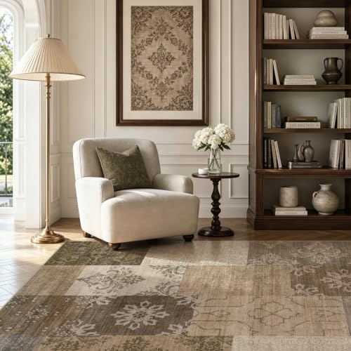 UERMEI 5x7 Area Rug for Living Room, Washable Brown Modern Geometric Patchwork Non Slip Stain Resistant Low Pile Foldable Carpet for Bedroom Dining Farmhouse Home Office