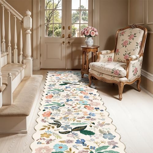 Washable 2x8 Hallway Runner Rug: Vintage Water-Resistant Floral Scalloped Kitchen Entryway Rug Ultra Soft Living Room Bedroom Carpet Non-Slip Indoor Floor Mat for Bathroom Dining Room(2x8,Cream)