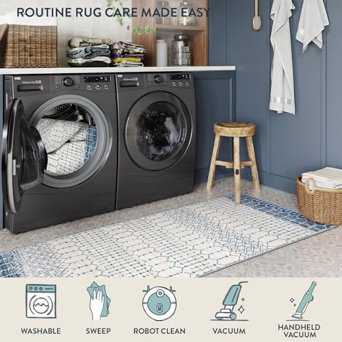 Lahome Runner Rug 2x8 Hallway Rug Runner Washable Non-Slip Kitchen Carpet Untra- Thin Throw Blue Mat, Moroccan Geometric Print Indoor Floor Mat for Entryway Laundry Bedroom Hana