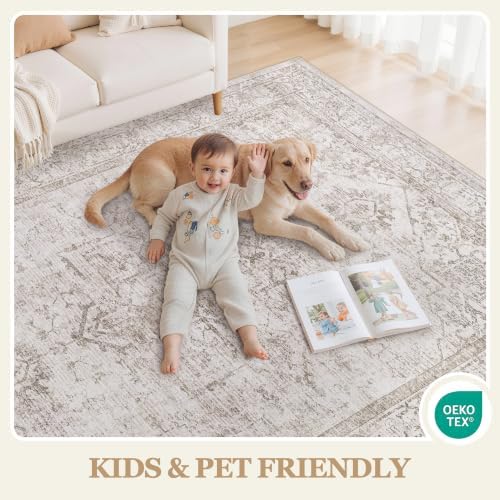 10x12 Washable Area Rugs for Bedroom Beige Brown Non-Slip Rug