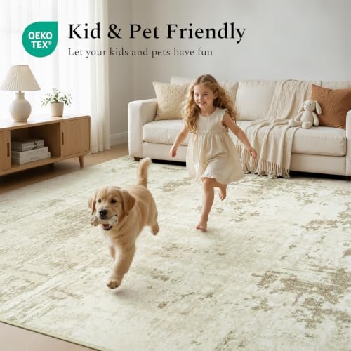 Rugflix 5x7 Area Rugs for Living Room, Washable Linen Beige Large Rug