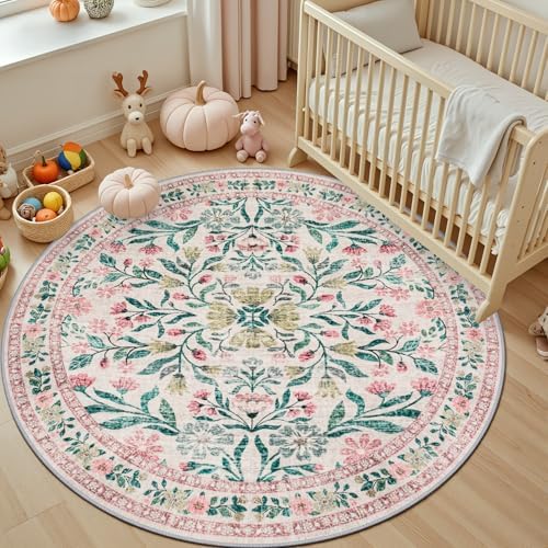 PLHXFR Round Area Rug Living Room: 4 ft Floral Washable Carpet Pink Green