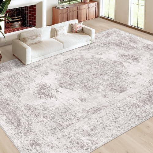 XLUEZ Area Rug 10x12 Living Room Rug, Machine Washable Vintage Distressed Medallion Rug Non-Slip Soft Low Pile Large Indoor Rugs for Bedroom Kitchen Dining Room Office(Grey,10'x12')