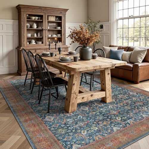 6x9 Area Rugs - Washable Vintage Retro Living Room Rug, Soft Ultra Thin Non Slip Low Pile Traditional Distressed Boho Carpet for Bedroom Dining Room Nursery Home Office, Navy Rust