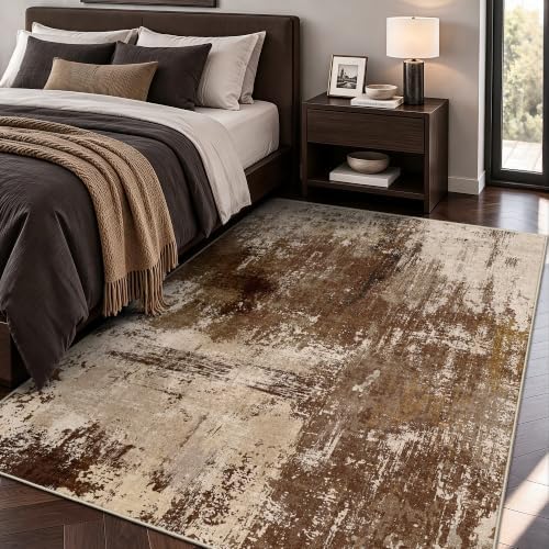 3x5 Rugs for Entryway - Modern Abstract Washable Rug, Ultra Soft Non Slip Low Pile Small Rug, Floor Carpet for Foyer Hallway Kitchen Laundry Bedroom Home(A‑Brown)