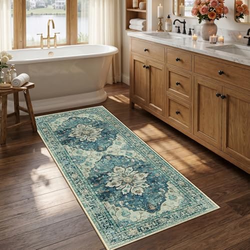 RELEANY Washable Area Rug, Runner 2'6"x5', Blue/Vintage Dark Blue