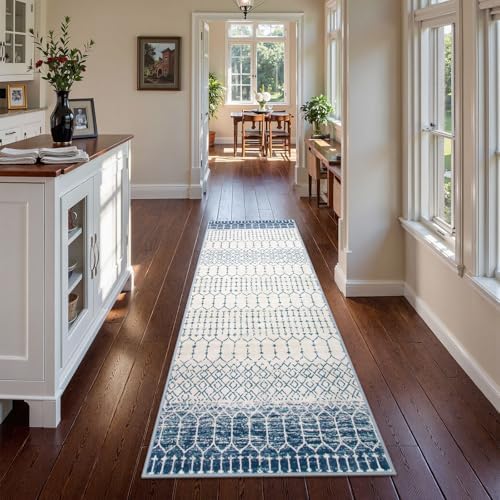 Lahome Runner Rug 2x8 Hallway Rug Runner Washable Non-Slip Kitchen Carpet Untra- Thin Throw Blue Mat, Moroccan Geometric Print Indoor Floor Mat for Entryway Laundry Bedroom Hana