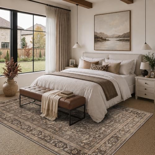 JOOJA 5x8 Dark Brown Vintage Washable Area Rug, Low Pile Living Room Rug