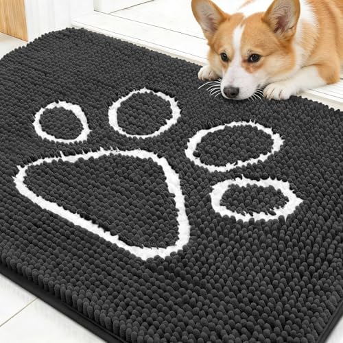 OLANLY Dog Door Mat for Muddy Paws 30x20, Paw Print Design Chenille Mud Mat