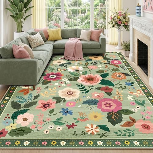 RELEANY Floral Washable 9x12 Area Rugs LightGreen