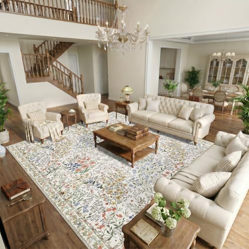 Large Washable Area Rug 12x15: Vintage Floral Distressed Botanical Rug - Machine Washable Non Slip Low Pile Soft Foldable Carpet - Great Room Open Concept Family Room Luxury Indoor Rug - 12'x15' Beige