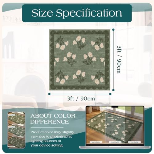 3x3 Square Entryway Rug - Non-Slip Washable Front Door Mat Indoor Outside Entrance Small Porch Rug Sage Green Cottage Scalloped Throw Rugs for Entryway Kitchen Bedroom Office Front Porch Decor