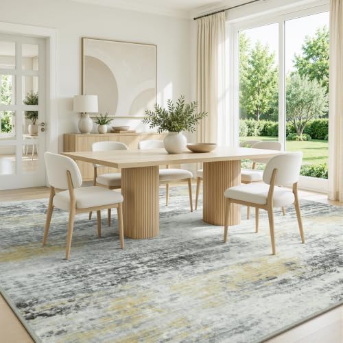 8x10 Area Rug for Living Room, Abstract Washable Non-Slip Rugs,Gold Ivory