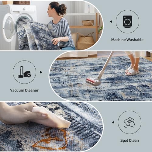 2'6''x8' Runner Rugs Washable Rug: Modern Abstract Hallway Blue Gold Carpet